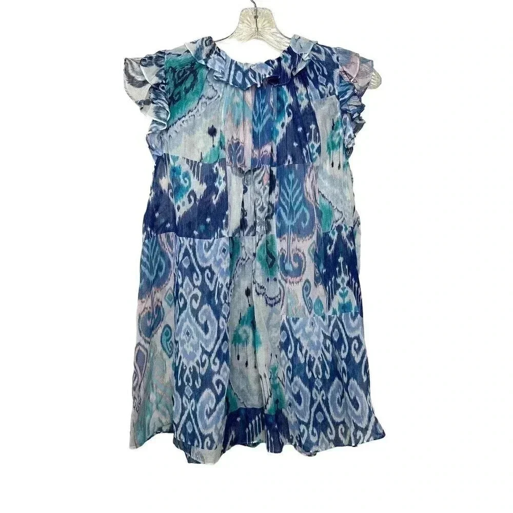 Zimmermann Glassy Ruffle Tank Blue Ikat Patch Size 1 US 6 Medium Cotton Silk